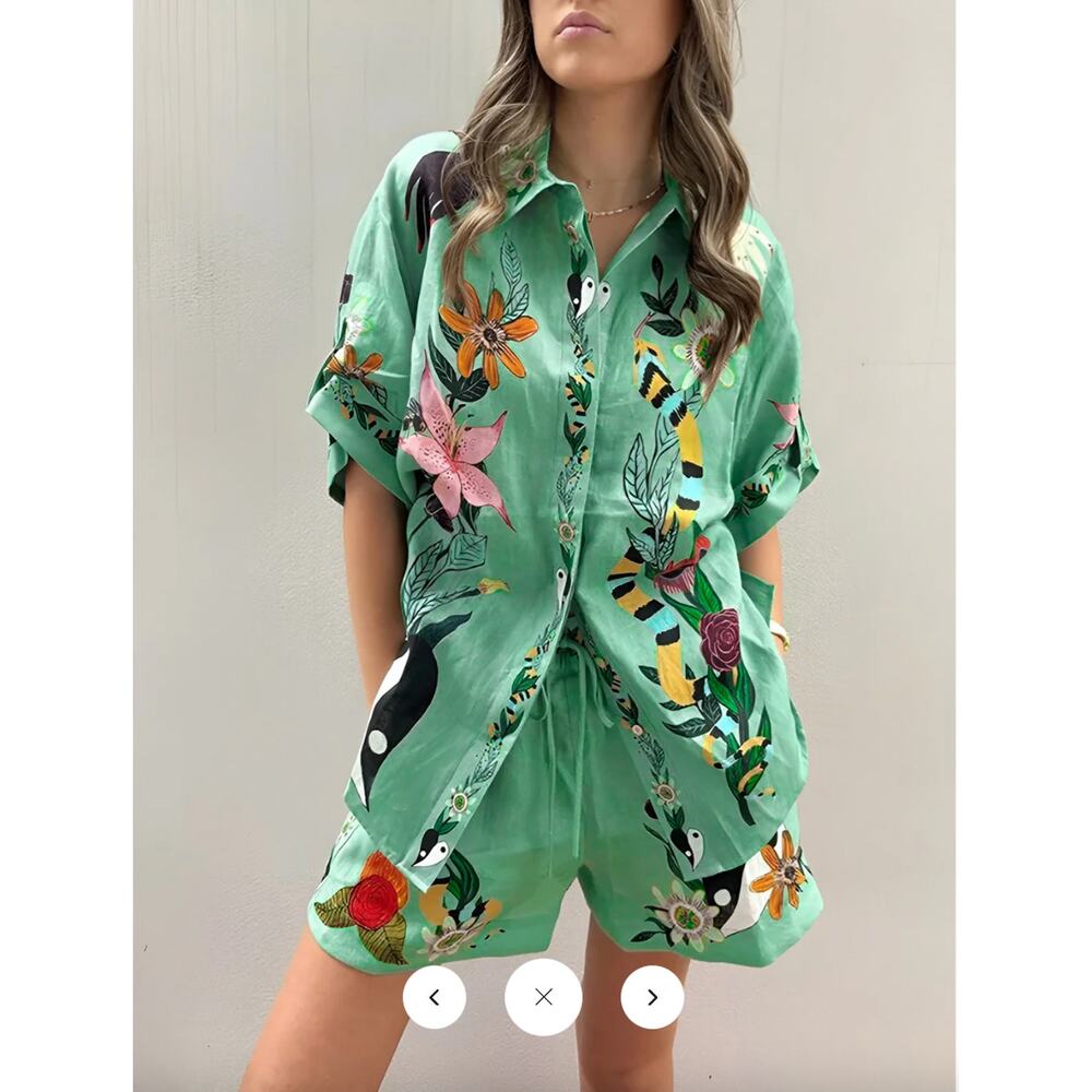 Commense Oversized Floral Print Shorts Set SZ M